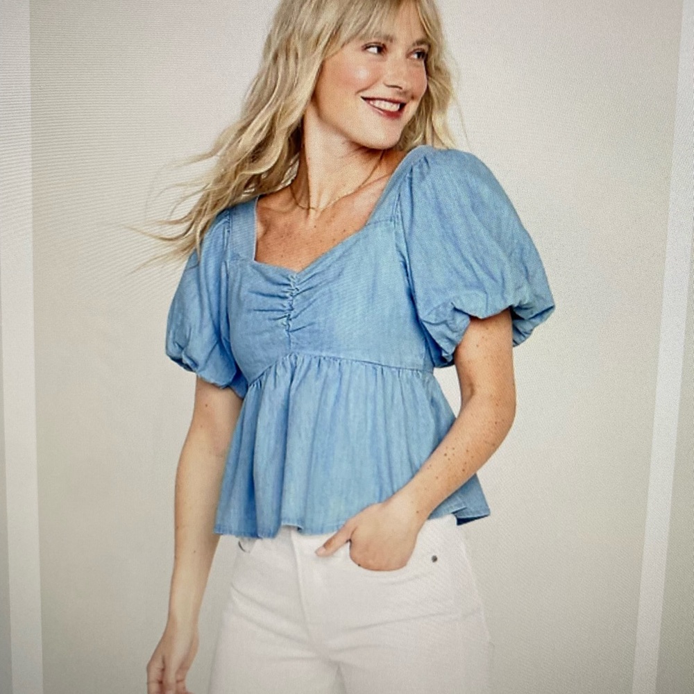 New Old Navy Chambray Puff Short Sleeve Waist Defined Top for Women Size XL NWT